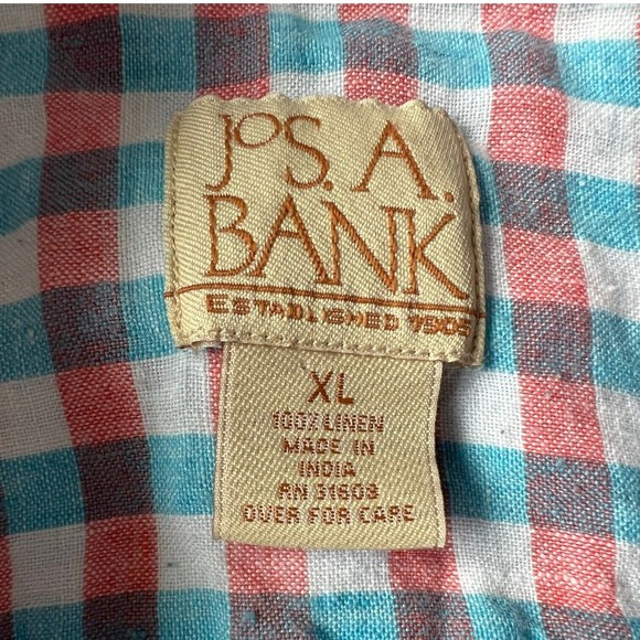 Jos A Bank Men's Button Down Shirt XL 100% Linen Blue Pink Plaid Collared Up - Picture 3 of 9